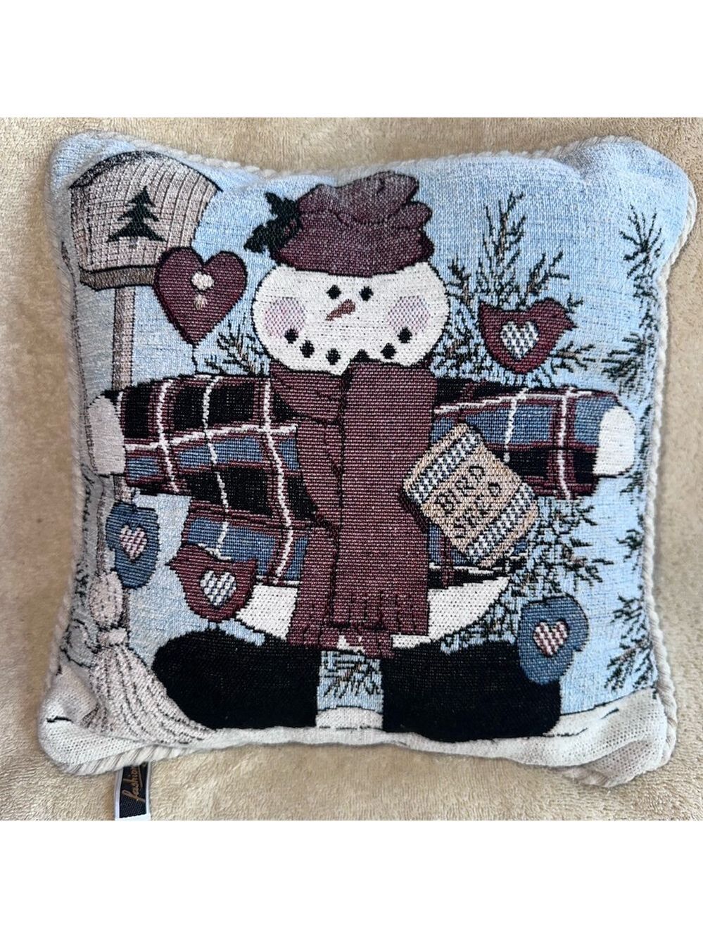 Vintage Fashion Brand Tapestey Winter Snowman Scene 12” Throw Pillow